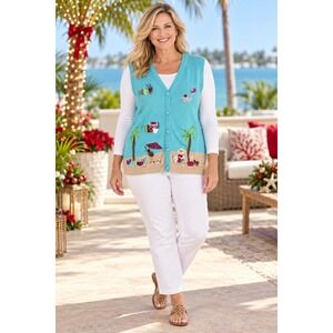 Vintage Bechamel Women XL Blue Beach Christmas Sweater Vest Coastal Grandma